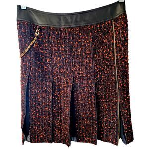 Per Se Wool Blend Tweed Black Orange Knee Leather & Gold Trim Length Skirt 8